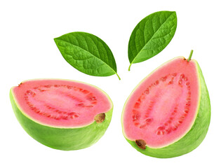 Photo of two halves of ripe guava with leaves isolated on transparent background.