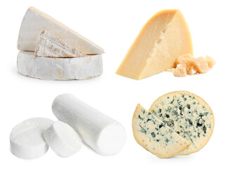 Different kinds of cheese isolated on white, set