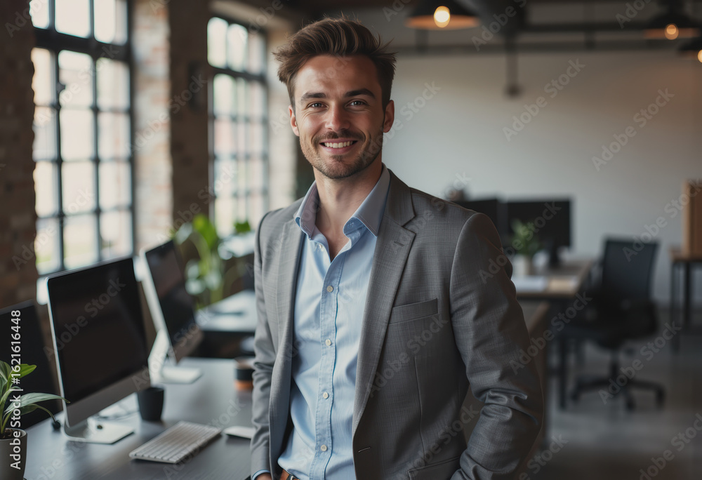 Poster user experience designer smiling in a modern lab environment
