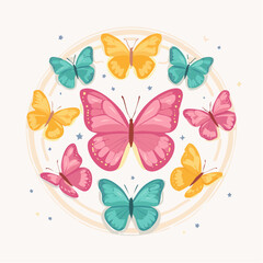 Vibrant assortment of colorful butterflies arranged in a playful circular formation