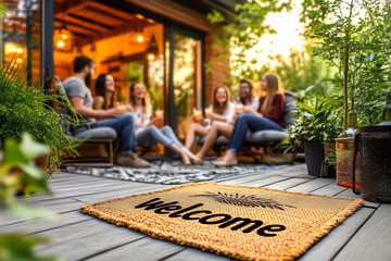 Welcome mat on wooden terrace in front of group young friends sitting and drinking together in cozy outdoor space. Concept of hostingcore, warm hospitality, social bonding through relaxed gatherings
