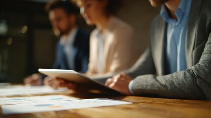 Business Team Collaboration: An engaging photo of a collaborative business team analyzing and working on documents, strategizing around a table to enhance business plans