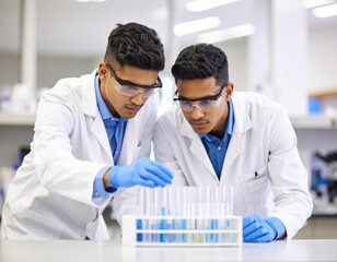 A medium shot of a high school science teacher leaning over a lab bench, guiding a student through a chemistry experiment.