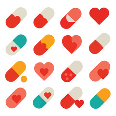 Pill and heart icons capsule medical