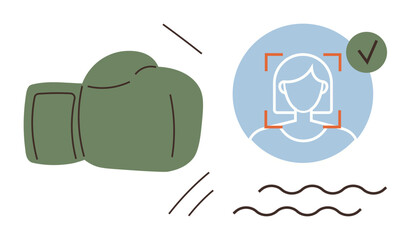Boxing glove aiming toward a verified facial recognition display with checkmark, implying a clash between strength and technology. Ideal for technology, security, verification, identity, artificial