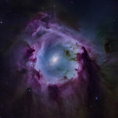 Cosmic Nebula with Purple and Green Gaseous Clouds in Dark Night Sky
