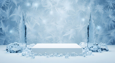 A frosty stage with ice shards and cubes, perfect for showcasing a product in a winter or cool-themed setting.