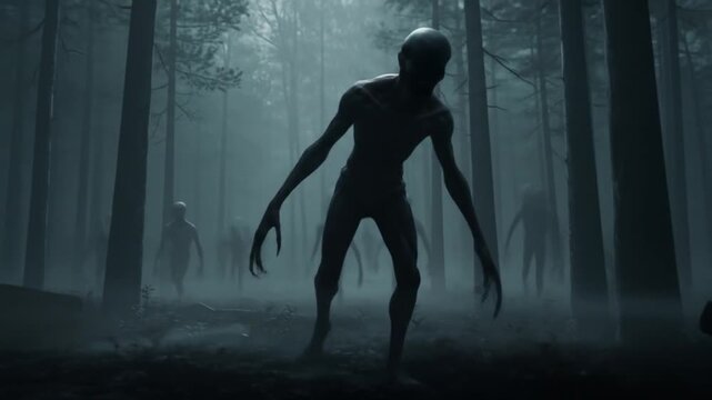 Terrifying humanoid creatures emerging in dark foggy forest at night with eerie movements