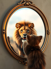 Adorable kitten discovering its reflection as majestic lion in vintage round mirror concept