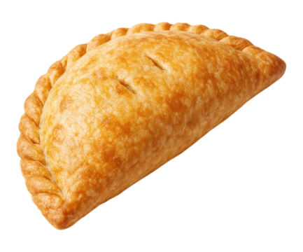 A delicious freshly baked golden brown empanada, savory pasty or hand pie with a crispy crimped crust, Isolated on Transparent and White Background