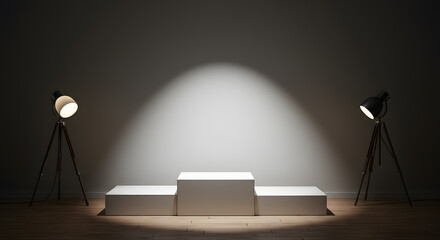 A minimalist white podium is bathed in spotlights, creating a dramatic stage for showcasing achievements and highlighting products.