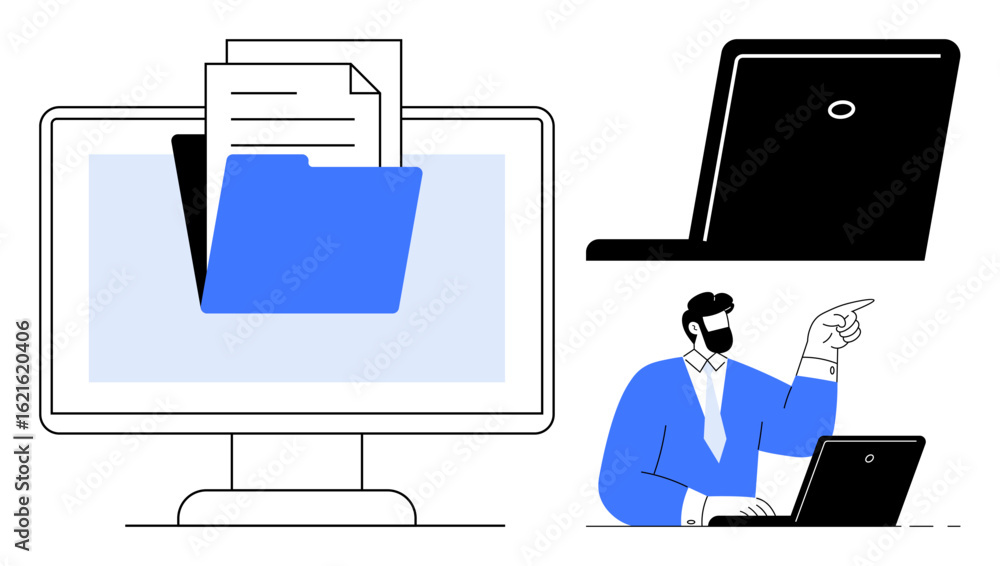 Poster computer screen displaying a folder and document, person working on a laptop, and laptop side view. 