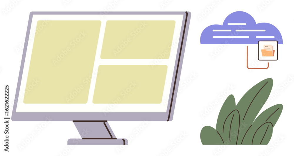 Aufkleber desktop monitor with grid layout beside a connected cloud icon transferring a file overlines. green 