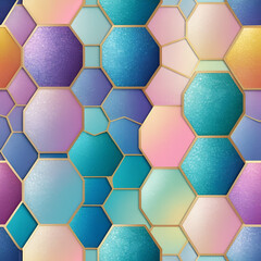 Hexagonal honeycomb pattern with iridescent foil fill featuring repeating vector cells each showcasing a unique pastel rainbow shimmer effect