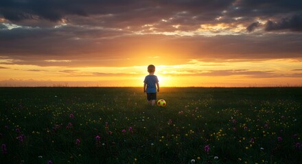 Fototapeta premium Child's Dream Under Sunset: A small figure stands in a verdant field, illuminated by the vibrant colors of a sunset, clutching a ball, dreaming of the future.