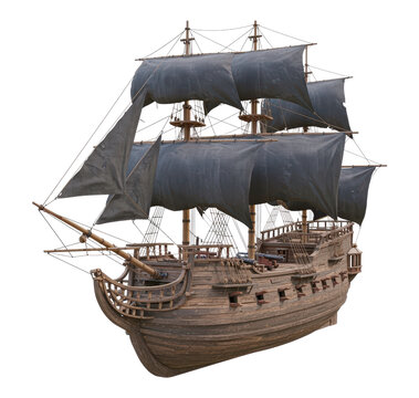 Magnificent vintage wooden pirate ship, a warship galleon with tattered black sails and cannons, Isolated on Transparent and White Background