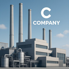 Industrial Power Plant Facility with Tall Smokestacks Under a Blue Sky and Company Branding Design