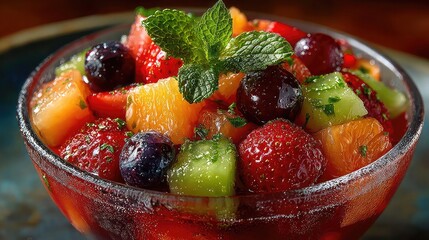 Shiny fruit salad in glass bowl with mint garnish. -