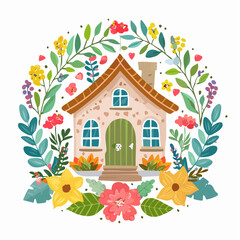 Whimsical Cottage Surrounded by Floral Wreath, a Delightful Illustration of Home