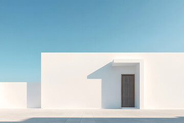 Minimalist white building with doorway and blue sky