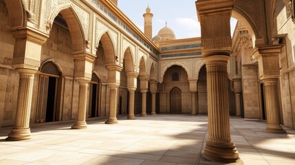 Obraz premium Serene Islamic Courtyard Architecture: A Digital Rendering of a Peaceful Mosque Interior