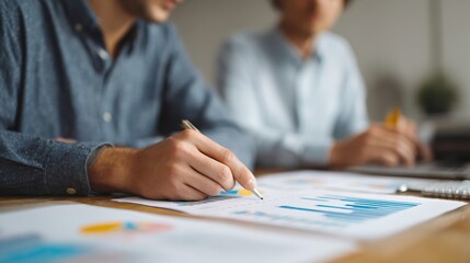 Strategic Insight: A collaborative team of business professionals immersed in an analytical meeting, meticulously reviewing data and charting the course for success.