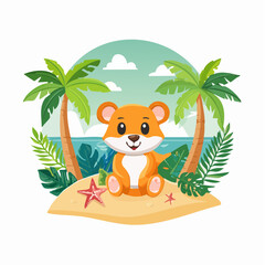 Adorable Cartoon Hamster Relaxing on a Tropical Beach Surrounded by Palm Trees