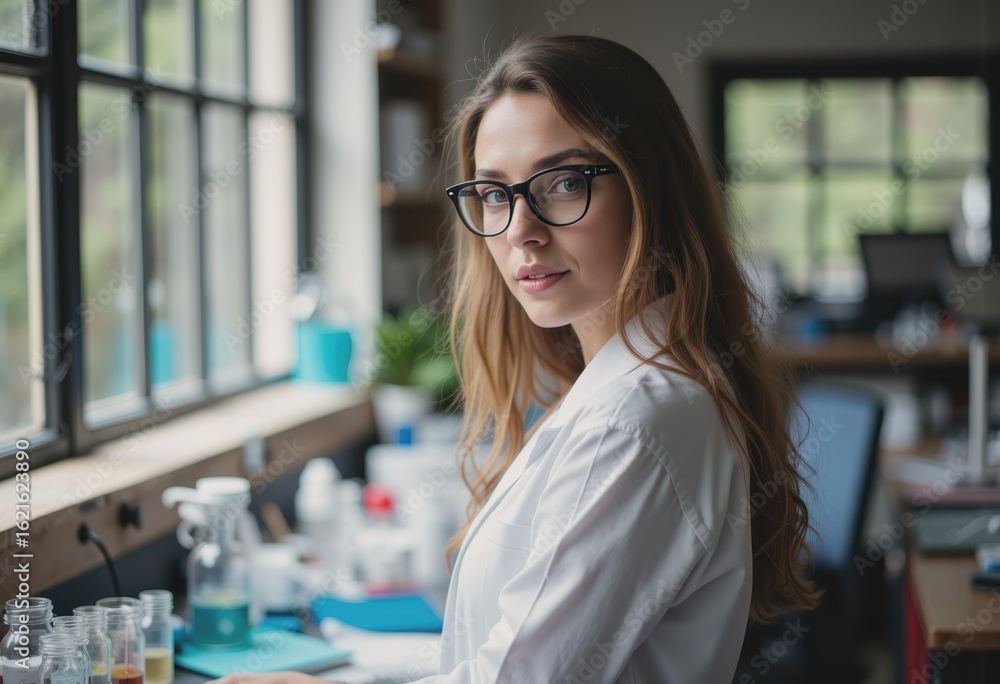Poster scientist analyzing samples in a modern laboratory setting