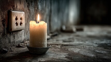 Single candle lit near wall outlet in a dark room. -