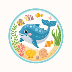 Cheerful marine themed illustration featuring a friendly cartoon dolphin and sea life