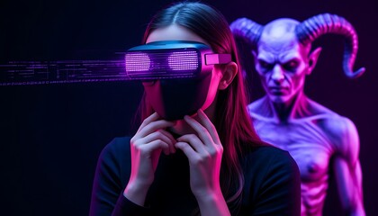 Woman experiencing virtual reality with futuristic headset and digital code projection, with a devil statue in the background, creating a contrast between technology and ancient evil