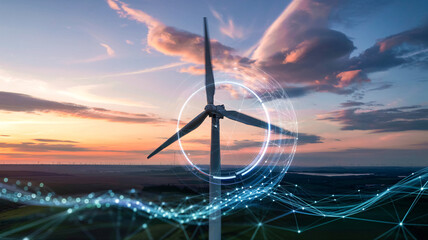 Inspiring wind turbine farm technology with digital network, symbolizing green energy innovation and sustainable future for energy solutions