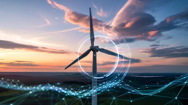 Inspiring wind turbine farm technology with digital network, symbolizing green energy innovation and sustainable future for energy solutions