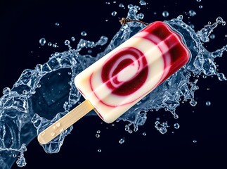 Summer Swirl Treat: A delectable swirl popsicle, with vibrant red and white layers, rests upon a refreshing splash of water, conjuring images of cooling summer bliss.