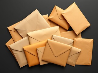 Pile of Kraft Envelopes on Dark Surface: A neatly arranged collection of various kraft paper envelopes lies scattered upon a dark surface, ideal for correspondence.
