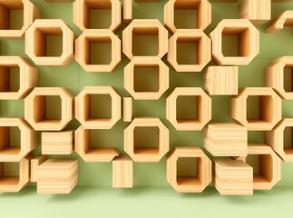Geometric Wooden Puzzle: A meticulously crafted arrangement of wooden blocks, creating an intriguing geometric pattern against a serene backdrop, showcasing the interplay of form, texture, and design.