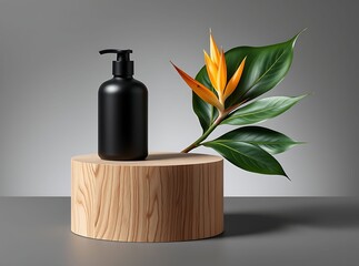 Elegance in Skincare: A sleek black bottle of lotion sits gracefully upon a natural wooden platform, complemented by a vibrant tropical flower and lush green leaves.