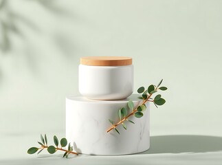 Cream Jar on Podium: Elegant presentation of a cream jar, resting on a marble podium, accompanied by botanical elements in a soft-lit, serene environment.