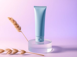 Cosmetic Tube: A minimalist beauty product display featuring a sleek, light blue cosmetic tube, elegantly placed on a transparent stand with a decorative wheat.