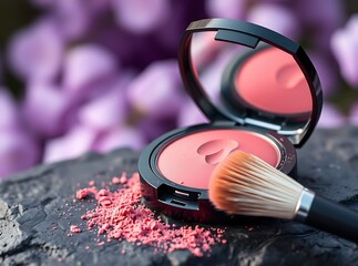 Radiant Blush and Brush: A professional blush compact, accompanied by a makeup brush, resting on a dark surface, ready to illuminate the complexion.