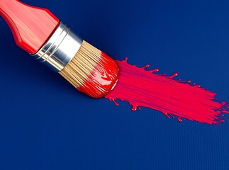 Brushstroke on Canvas: A close-up shot captures a paintbrush laden with vibrant red paint, creating a bold stroke against a textured, deep blue canvas. Evokes artistic expression.