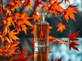Autumn Scent: A gracefully positioned perfume bottle, encapsulating a rich, amber liquid, is harmoniously showcased amid a vivid autumnal tableau of orange maple leaves.