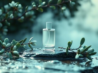 Fragrance in Nature: A transparent perfume bottle sits amidst a serene nature setting, surrounded by lush greenery and flowing water, embodying the essence of tranquility and natural freshness.