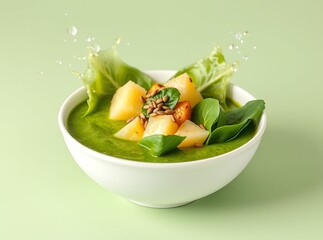 Fresh green vegetable soup : Fresh green vegetable soup in a bowl, with artistic splash of water, the image captures fresh vegetable soup, a healthy delicious food.