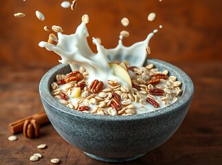 Delicious Granola Breakfast: A bowl of wholesome granola with milk is a treat with various components. A feast for the senses!