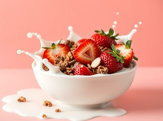 Strawberry Cereal Splendor: A vibrant shot of a bowl overflowing with a blend of whole grain cereal, fresh strawberries, and the gentle cascade of milk, ready for consumption. 