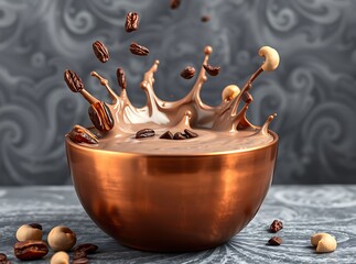 Coffee and Nut Explosion: A dynamic splash of coffee and nuts bursts forth from a copper bowl, captured in a photo-realistic depiction of flavorful delight.