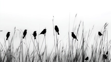 Silhouette birds in tall grass