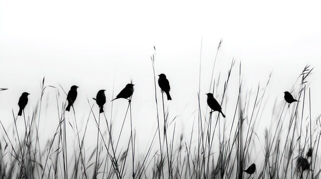 Silhouette birds in tall grass