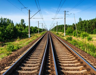 Railroad tracks stretching into a clear blue sky